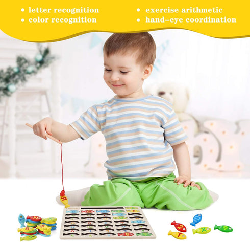 Magnetic Wooden Fishing Game Toy for Toddlers, Alphabet Fish Catching Counting Games Puzzle with Numbers and Letters, Preschool Learning ABC Math ...