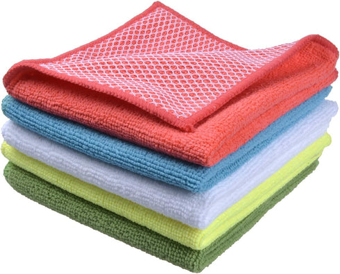 SINLAND 5 Color Assorted Microfiber Dish Cloth Towels Best Kitchen Cloths Cleaning Cloths with Poly Scour Side 12"x12" 5Pack (Pink+Blue+White+Yell...