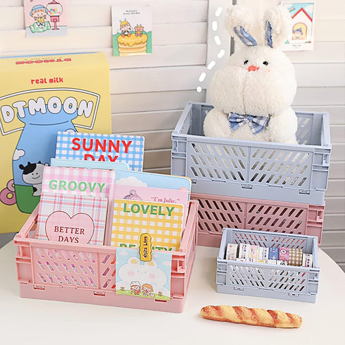 Plastic Baskets for Desk Organizing, Drawer Organizer, 2 Medium+2 Small Durable Folding Storage Crate for Home Kitchen Classroom Office Bedroom an...