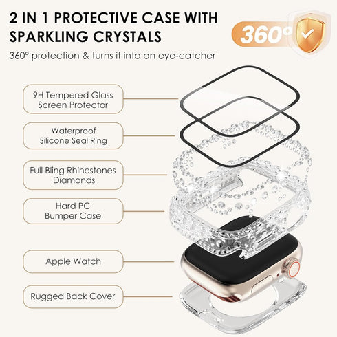 WINGLE 2 in 1 Waterproof Bling Case for Apple Watch 40mm Screen Protector SE (2nd/3rd Gen) Series 6 5 4, Lace Edge Diamond Face Cover Full Glitter...
