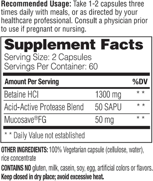 Enzymedica, Betaine HCl, Occasional Heartburn and Indigestion Support, 120 Capsules...