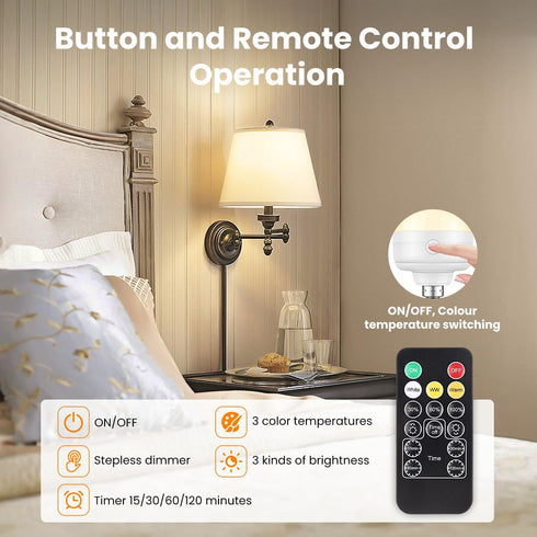 Rechargeable Light Bulbs with Remote Control Timer and 3 Color Temperature Options,Rechargeable Wall Sconce Puck Lights Battery Operated with Remo...