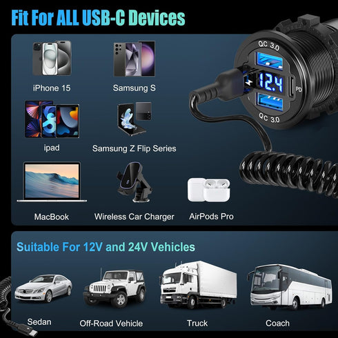12V USB C Outlet 78W 4 Ports Aluminum Car Charger Socket, Dual PD 30W and Dual QC 18W Car USB Port 12V Charger with Voltmeter and C to C Cable, Su...