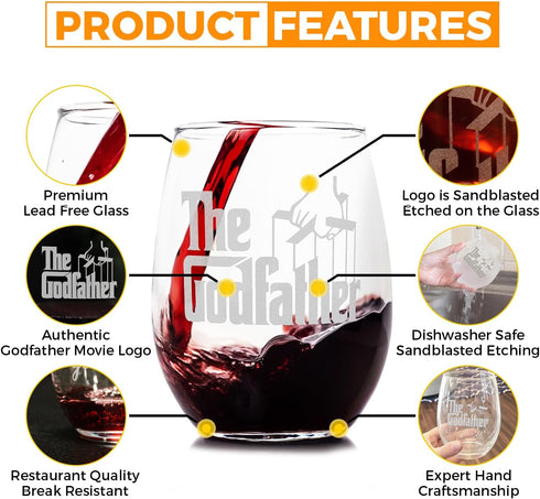 The Godfather Etched Stemless Wine Glass - Officially Licensed, Premium Quality, Handcrafted Glassware, 15oz. - Perfect Collectible Gift for Movie...