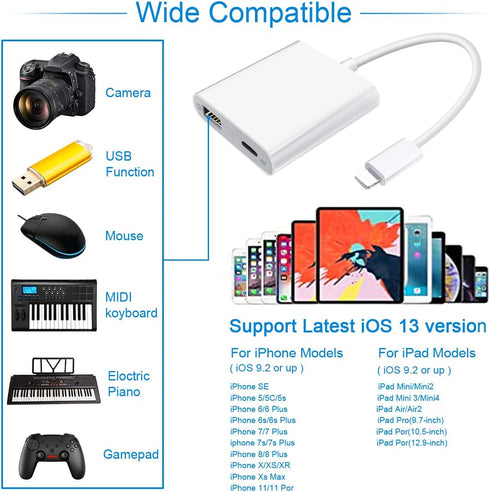Lightning to USB3 Camera Adapter with Charging Port, Lightning Female USB OTG Cable Adapter for Select iPhone,iPad Models Support Connect Camera, ...