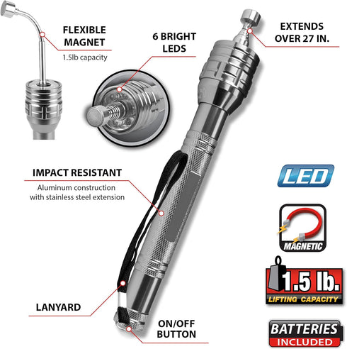 Performance Tool W1930 Telescoping Magnetic Flashlight with Flexible Magnet, Extends to 27-Inches, 6 LEDs, Impact Resistant Aluminum Construction...
