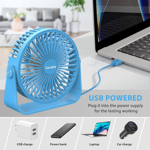 FARADAY USB Desk Fans 5 Inches Portable Table Fans 360° Head Rotation Small Personal Desktop Fan for Home Office, 3 Speeds, Blue...
