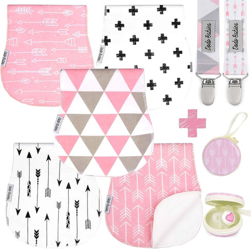 Dodo Babies 5-Pack Baby Burp Cloths - Soft, Absorbent Cotton Burp Cloths - includes Pacifier Case and 2 Pacifier Clips - Colors: Pink and White...