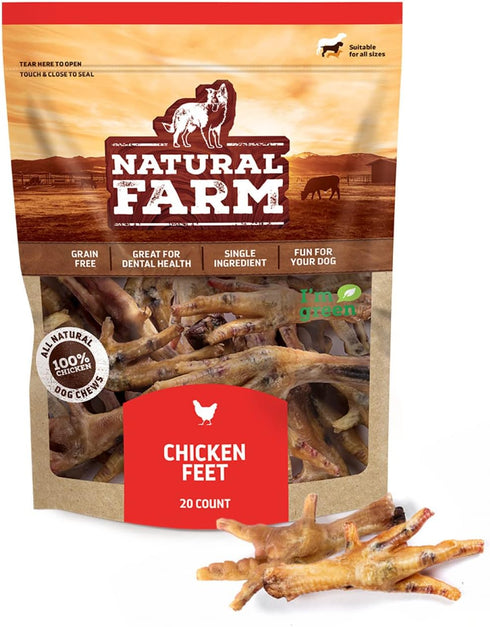 Natural Farm Nail-Free Chicken Feet Dog Treats (20 Pack), 100% Free-Range Air Dried Chicken Feet, No Nails, Fully Digestible, High Protein, Low Ca...