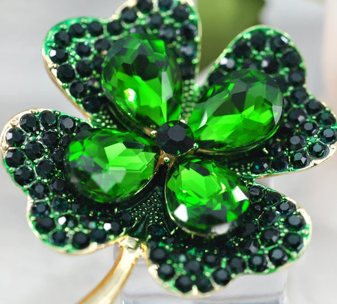 Gyn&Joy Green Crystal Lucky Four-Leaf Clover Shamrock Brooch Pin...