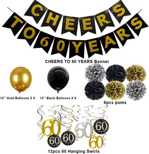 60th Birthday Party Decorations For Men Cheers to 60 Years Black ?nd Gold 60th Birthday Banner 60 Birthday Balloons Decoration For Him...
