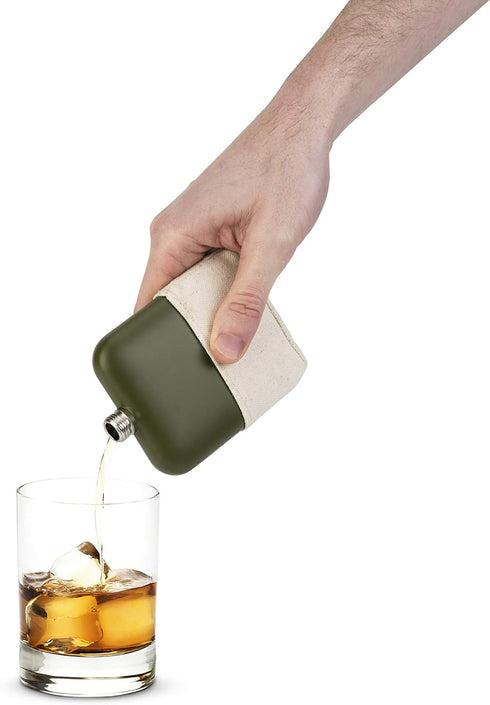 Foster & Rye Flask Whiskey Men-Stainless Steel Alcohol Matte Army Green with Canvas Wrap-6oz Set of 1, 6oz...