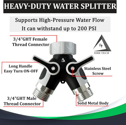 Hose Splitter 2 Way, Heavy Duty Metal Connector, Two Way Garden Hose Splitter, High Flow Spigot Faucet Bib Adapter, Solid Double Y Shut Off Valve ...