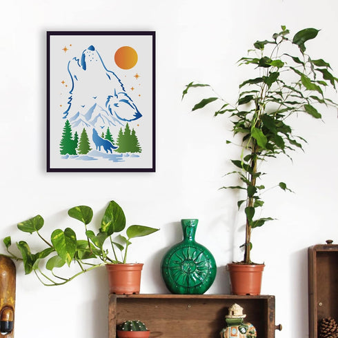 FINGERINSPIRE Wolf Stencils Decoration Template 11.7x8.3inch Plastic Forest Mountain Moon Drawing Painting Stencils A4 Reusable Stencils for Creat...