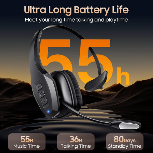 Trucker Bluetooth Headset, Wireless Headset with Mic, Bluetooth Headset with Dual Noise Cancelling Microphone & Mute Button, 55Hrs Working Time PC...