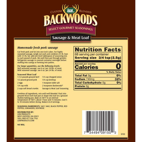 LEM Products Backwoods Sausage and Meatloaf Seasoning, Ideal for Wild Game and Domestic Meat, Seasons Up to 24 Pounds of Meat, 6 Ounce Packet...