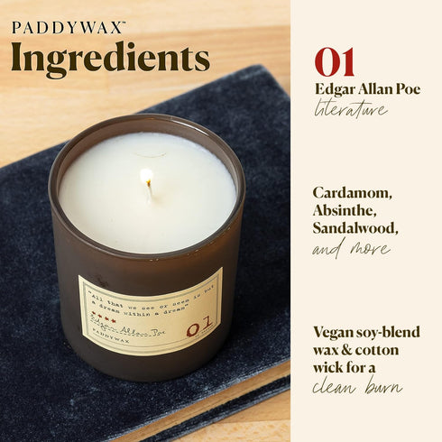 Paddywax Scented Candles Library Edgar Allan Poe Luxury Artisan Candle, 6.5-Ounce, Cardamom, Absinthe & Sandalwood...