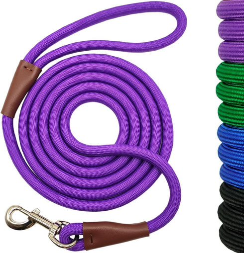 6FT/8FT/10FT Rope Dog Leash, 1/2” Strong Nylon Dog Leash with Leather Tailor Connection, Great for Medium and Large Dogs (1/2" x 6ft, purple)...