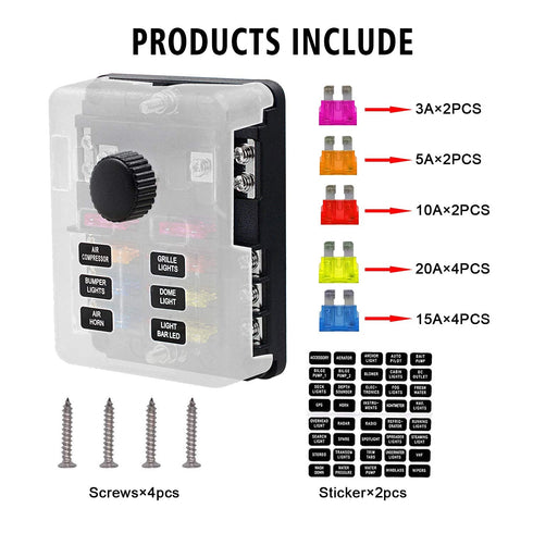 6 Way Fuse Block W/Negative Bus - ATC/ATO 6 Circuit Fuse Box with Ground, with Negative Bus & Protection Cover, Bolt Connect Terminals, 70 pcs Sti...