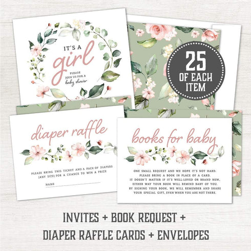 Hat Acrobat Set of 25 Baby Shower Invites for Girl - Floral Girl Baby Shower Invitations, Diaper Raffle Tickets, Book Request Cards and Envelopes ...