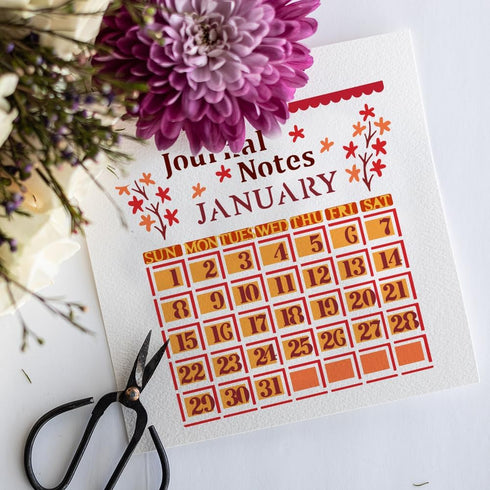 FINGERINSPIRE Calendar Stencil Template 11.8x11.8 inch Journal Notes Painting Stencil Plastic Number Month Week Letter & Flowers Patterns Stencil ...