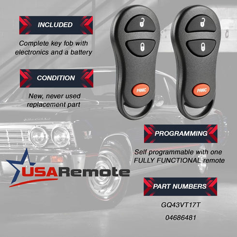 Key Fob fits 1999-2005 Chrysler Dodge Keyless Entry Remote (04686481), Set of 2...