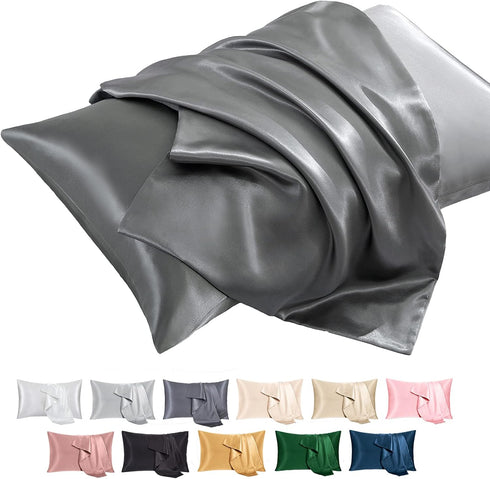 P Pothuiny 2-Piece Satin Pillowcases Queen Size Grey Silky Satin Pillow Cases for Hair and Skin, Wrinkle Fade Resistant, Pillow Cover with Envelop...
