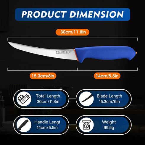 DRAGON RIOT 6 Inch Boning Knife, Flexible Curved Blade Processing Knife Brisket Meat Trimming Butcher Knife - Stainless Fish Fillet Turkey Carving...