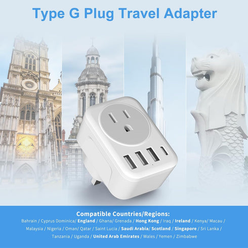 UK Ireland Travel Plug Adapter, RATEA Type G Power Adaptor with 3 USB-A, 1 USB-C Outlet Charger for US to Scotland London England British Irish Ke...