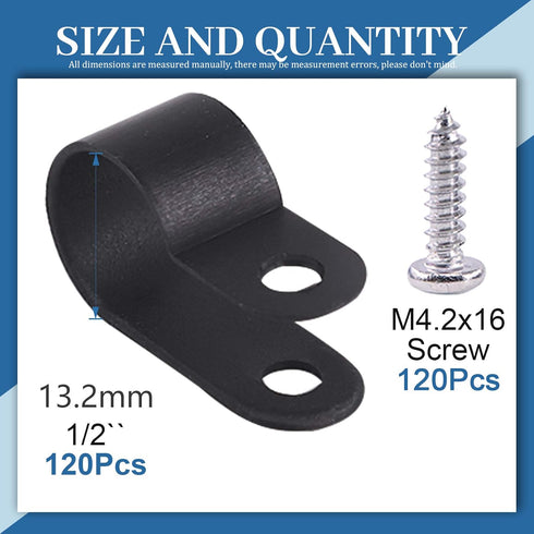 Glarks 120Pcs 1/2 Inch Black Nylon Screw Mounting R-Type Cable Clip Wire Clamp with 120Pcs Screws for Wire, Cable, Conduit and Cable Conduit Kit (...