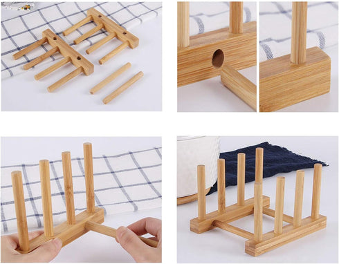 2Pcs Home Kitchen Natural Bamboo Slip Drain Dish Rack, Bamboo Wood Plates Rack/Pans/Cups Dish Rack...