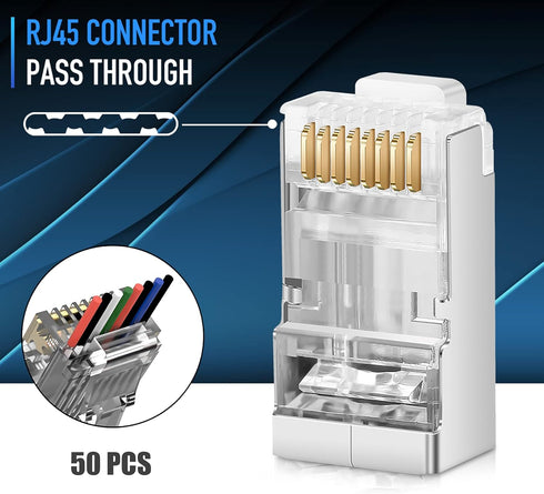 Shielded RJ45 Cat6 Cat 6A Connectors - Pass Through Connector Gold Plated 3 Prong 8P8C Modular Plugs for FTP/STP Stranded Ethernet Cable & Solid W...