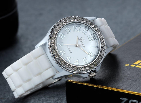 Lancardo White Dial Silver Rhinestones Round Watch with Textured Resin Strap for Women Silica Gel Band Watch for Mother's Day...