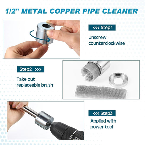 1/2" Metal Copper Pipe Cleaner with 2 Replaceable Brushes Tube Cleaning Brush Tube Cleaning Brush for Power Drill Metal Pipe Cleaning Brush Copper...