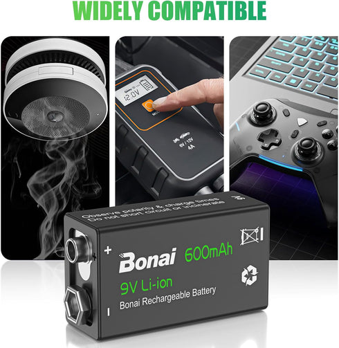 BONAI Rechargeable 9V Batteries 600mAh High Capacity 9V Rechargeable Batteries,(4 Pack) 9 Volt Lithium Batteries for Smoke Alarms Metal Detector e...