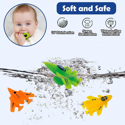 Baby Suction Cup Toys, 16PCS Silicone No Hole Mold Free Bath Toy with Mesh Bag Storage, Airplane Sucker Bath Toys for Kids Ages 4-8, Sensory, Wind...