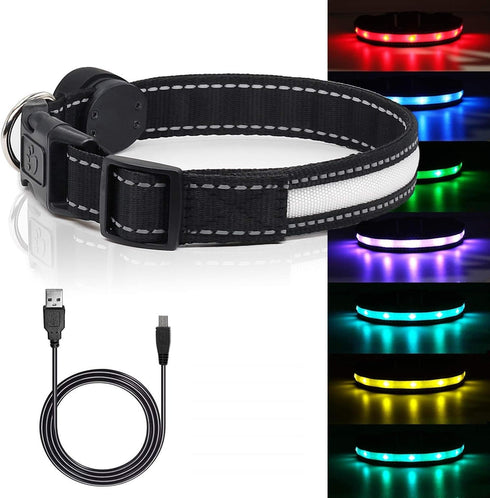 Light Up Dog Collars,Safety LED Dog Collars USB Rechargeable 7 Changing Colors Glow in The Dark Dog Walking Light,Neon Adjustable Safety Buckle Li...