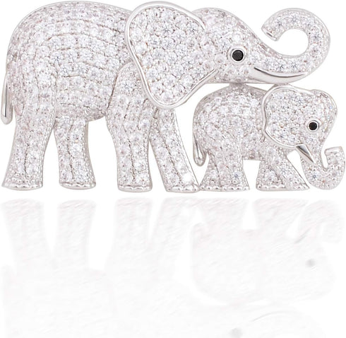Cute Mother and Baby Elephants Brooch Pins Crystal Rhinestone Animal Kingdom Breastpin Broach...