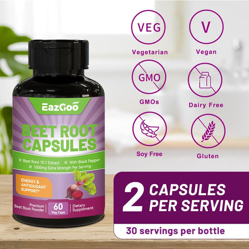 Beet Root Capsules 1000mg Per Serving, Supports Nitric Oxide Production & Blood Pressure, with Black Pepper Extract, Non-GMO, Gluten Free, Vegan -...