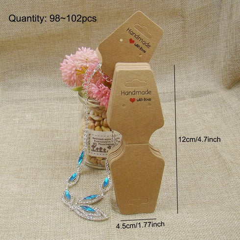 AKOAK 100 Pcs Kraft Paper Necklace Bracelet Earring Packaging Display Card Handmade with love Printing Creative Jewelry Display Card (Brown, 12x4....