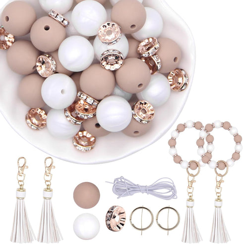 Silicone Beads for Keychain Making Kit,15mm Silicone Rubber Beads Bulk, Silicone Spacer Beads with Tassel for Jewelry Bracelets Making DIY Silicon...