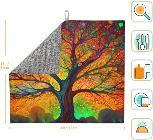 Tree of Life Colorful Leaves Dish Drying Mat for Countertops 18x16 Inches, Dish Drainer Protector Pad with Hanging Loop for Home Kitchen...