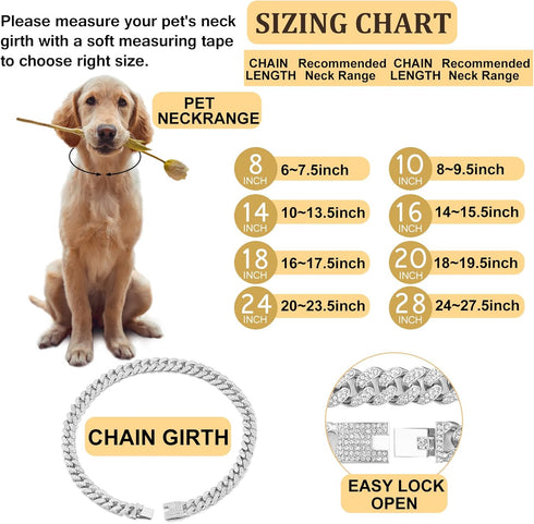 Cuban Link Dog Collar Gold Silver Color Metal Dog Chain Collar Cuban Diamond Chain Pet Collars for Dogs Cats Jewelry 8/10/14/16/18/20/24/28 Inch (...