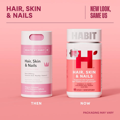 HABIT Hair, Skin & Nails Supplement (60 Capsules) - New Look, Supports Skin Hydration, Hair & Nail Strength, Biotin 2000mcg, Vitamin A & C, Hyalur...