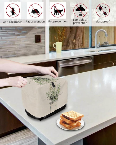 Toaster Dust Cover with Pockets, Rustic Spring Sweet Home Green Eucalyptus Leaves Beige Soft Washable 2 Slice Toaster Cover, Dust-proof Cover for ...