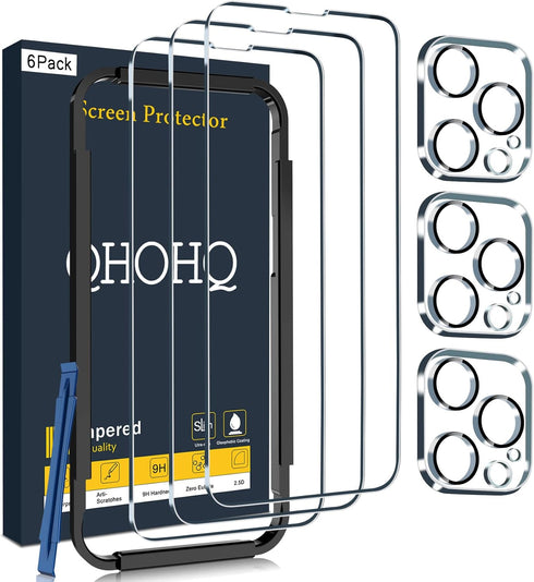 QHOHQ 3 Pack Screen Protector for iPhone 14 Pro Max 6.7 Inch with 3 Pack Tempered Glass Camera Lens Protector, Ultra HD, 9H Hardness, Scratch Resi...