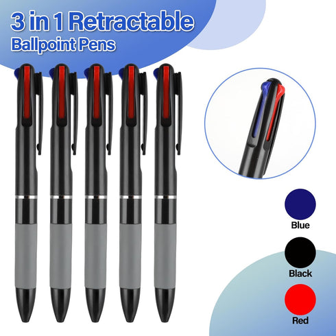 5 Pcs 3 in 1 Multicolor Ballpoint Pens, 0.7mm Black Blue Red Ink Rollerball Pen Soft Grip Retractable Fine Point Pens Multicolor Ink Pens for Jour...