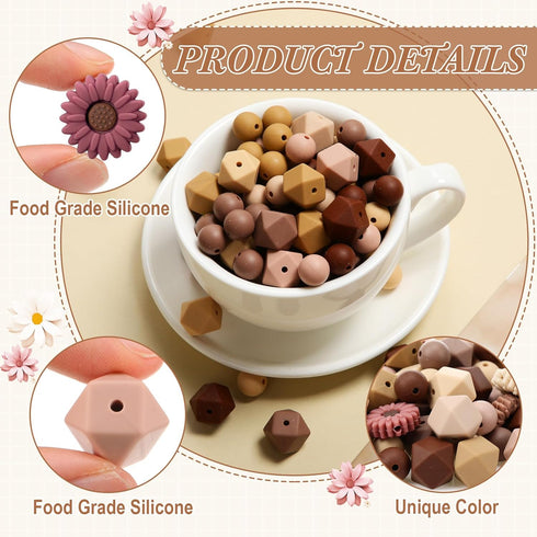 186 Pcs Silicone Beads Bulk Set 12mm Round Rubber Beads, 14mm Hexagon Silicone Beads, 23/20mm Daisy Flower Beads for Keychain Bracelet Necklace Je...
