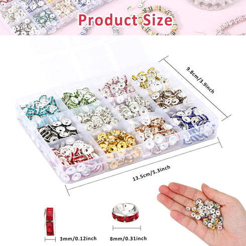 QUEFE 720Pcs Rhinestone Spacer Beads for Jewelry Making, Rondelle Crystal 8mm Bead for Necklaces, Bracelet Pendants (12 Colors)...