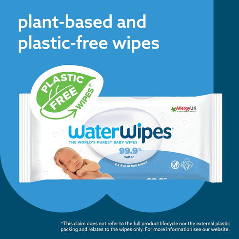 WaterWipes Plastic-Free Original 99.9% Water Based Wipes, Unscented & Hypoallergenic for Sensitive Skin, 60 Count (1 pack)...